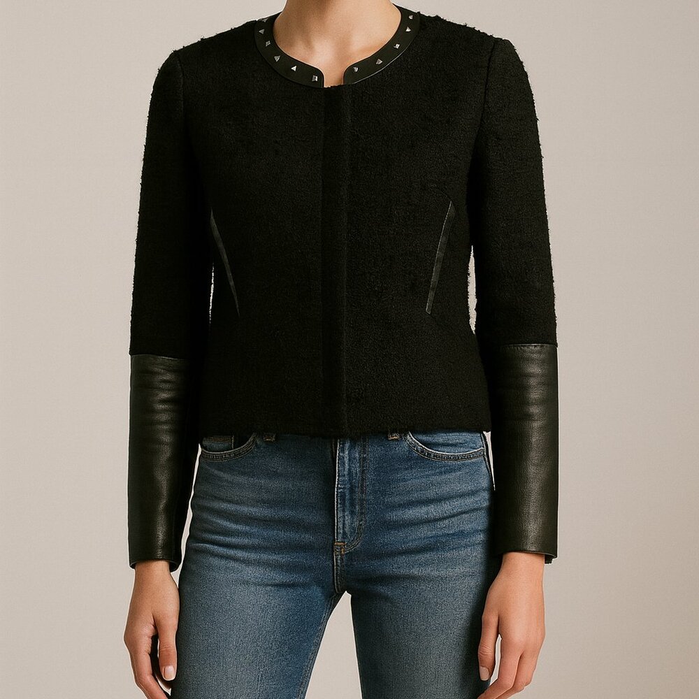 Maje Black Textured Tweed Blazer with Leather Sleeves